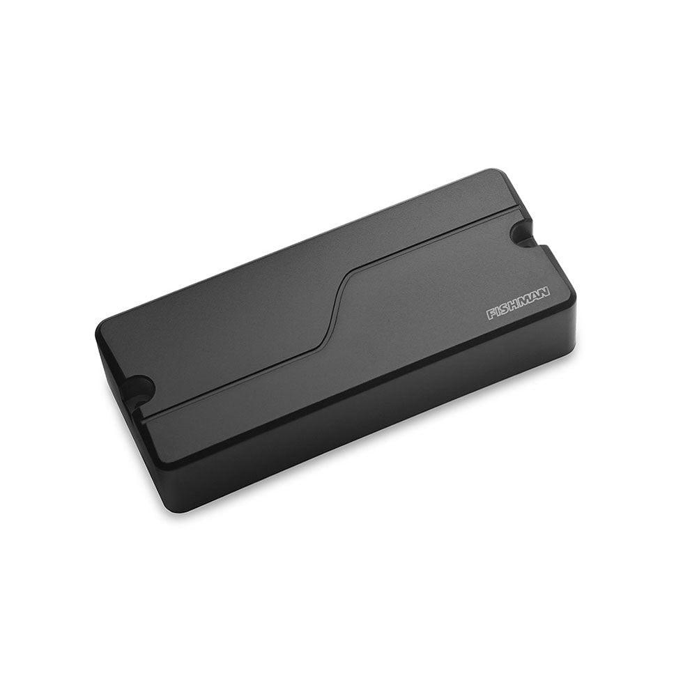 Black rectangular guitar pickup with Fishman logo on the bottom right corner.