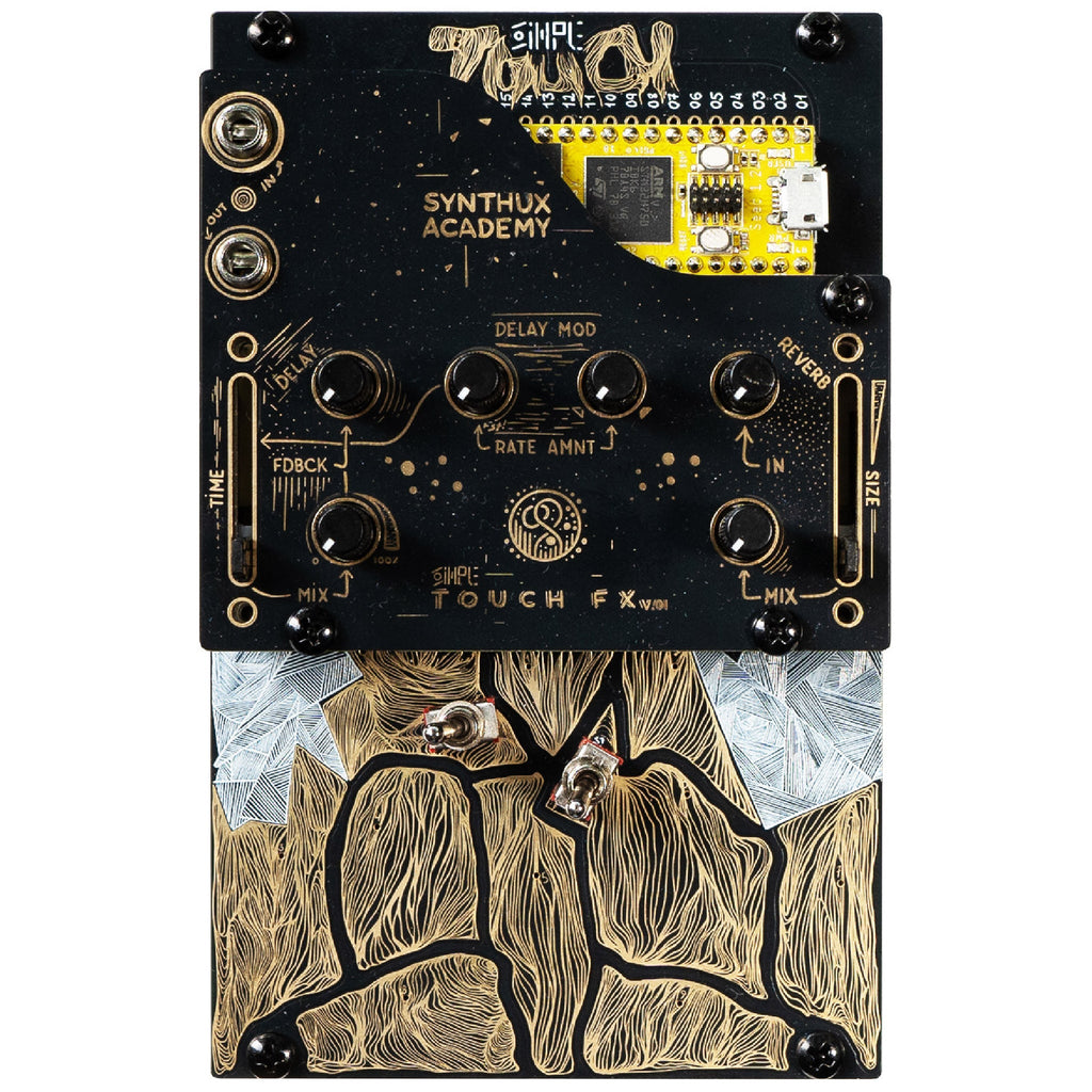 Black and gold audio effects module with knobs, sliders, toggle switches, audio jacks, and a micro USB port.