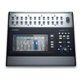 Top view of QSC TouchMix-30 Pro digital mixer with knobs, faders, buttons, touchscreen display, and headphone jack.