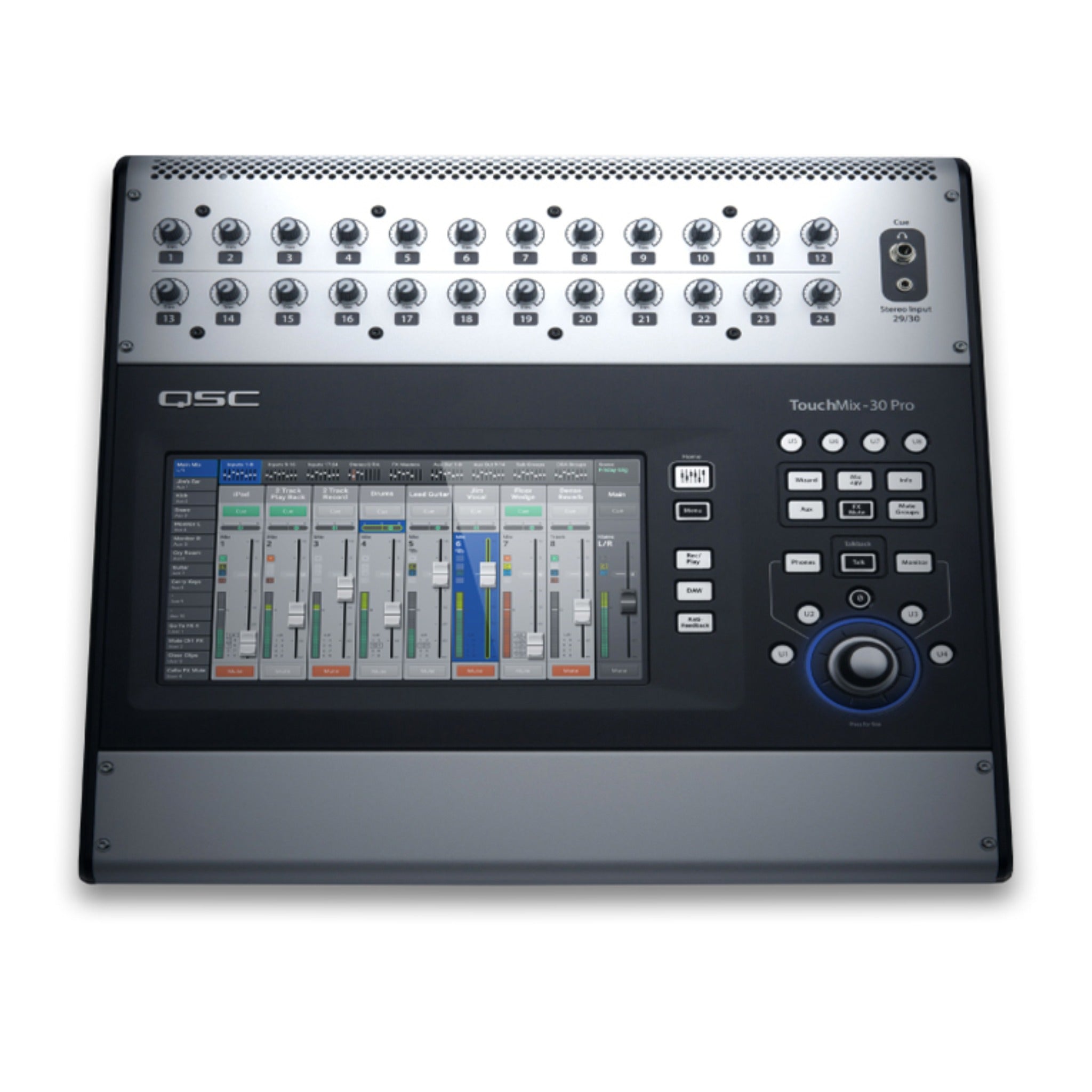 Top view of QSC TouchMix-30 Pro digital mixer with knobs, faders, buttons, touchscreen display, and headphone jack.