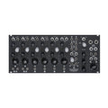 Front panel of Kemmeskan germanium stereo mixer with multiple rotary knobs and audio input/output jacks