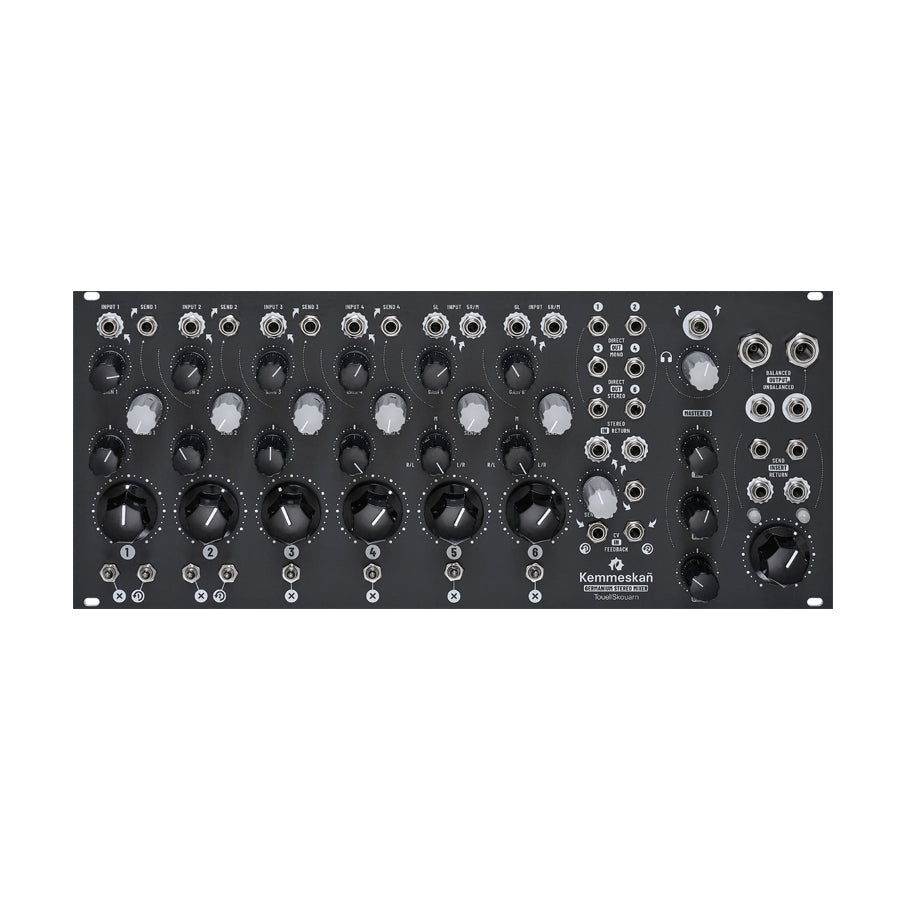 Front panel of Kemmeskan germanium stereo mixer with multiple rotary knobs and audio input/output jacks