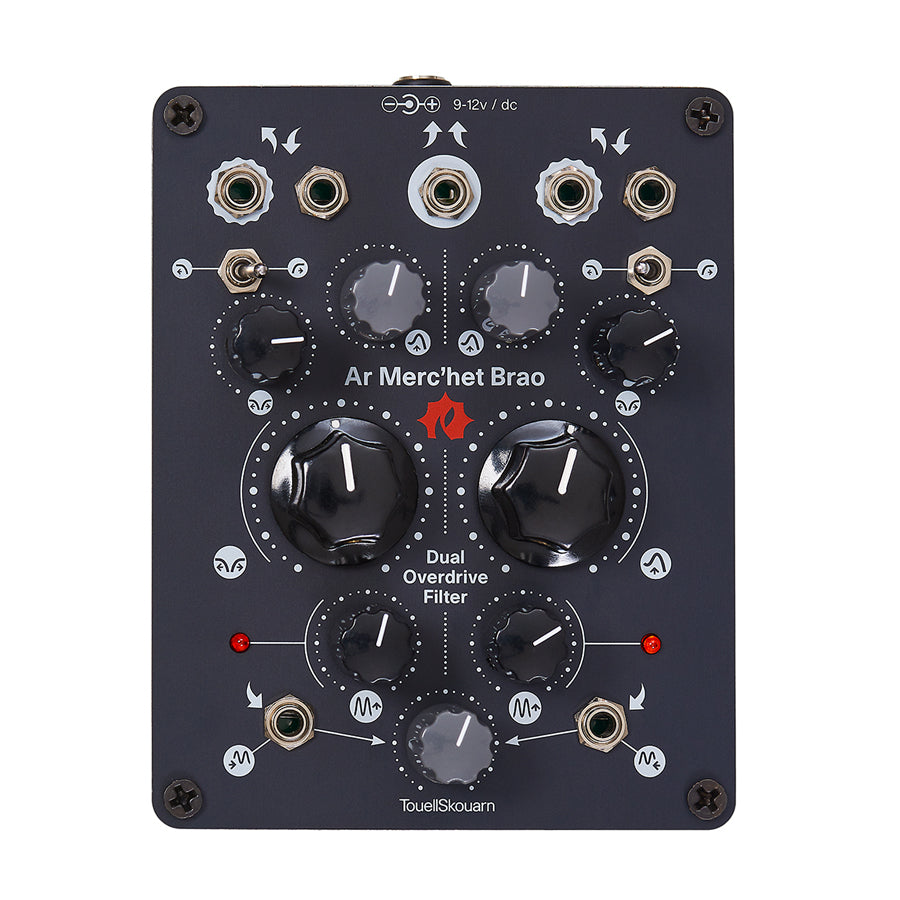 Black electronic module with multiple knobs, switches, jacks, and LED indicators labeled Ar Merc’het Brao Dual Overdrive Filter.