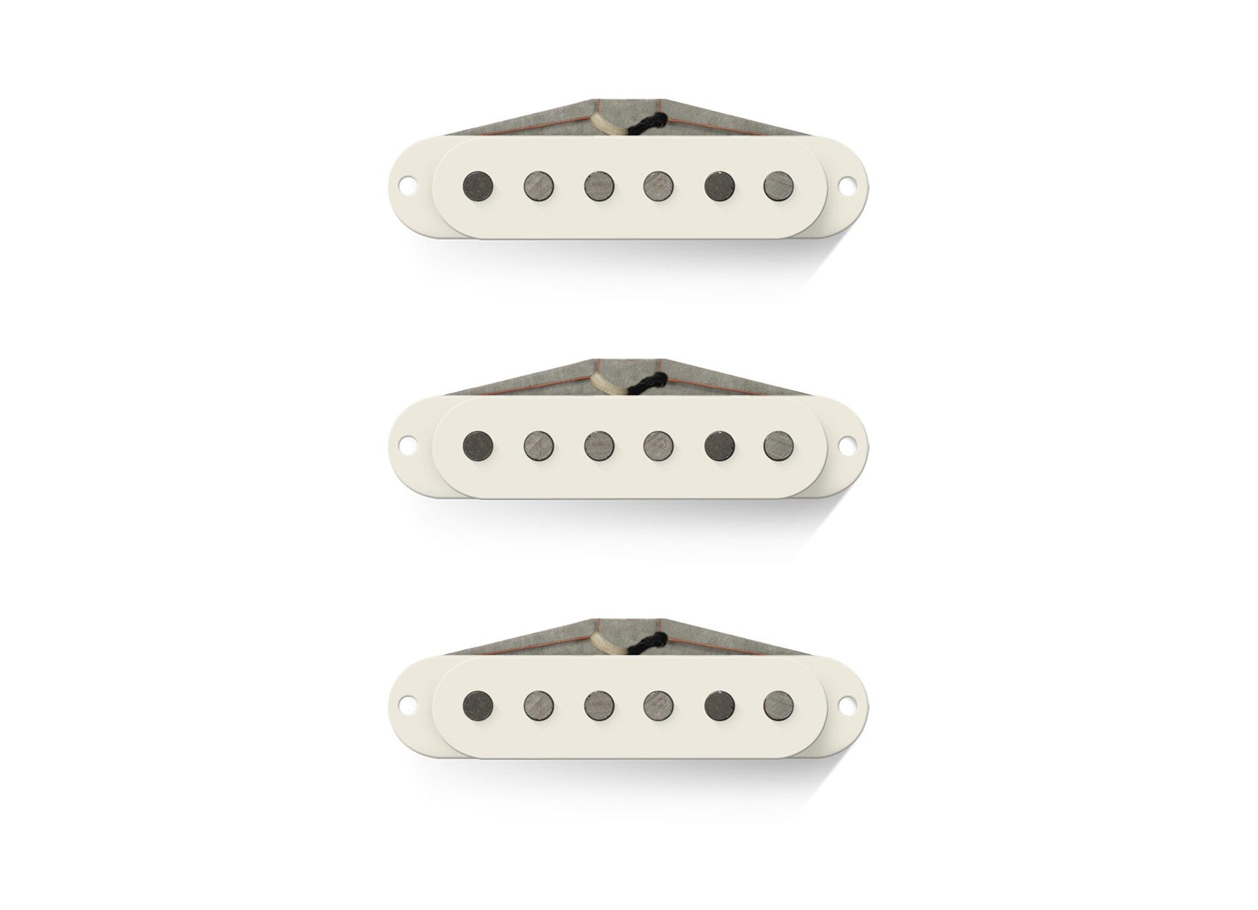Three off-white single coil guitar pickups with exposed pole pieces arranged vertically on a white background.