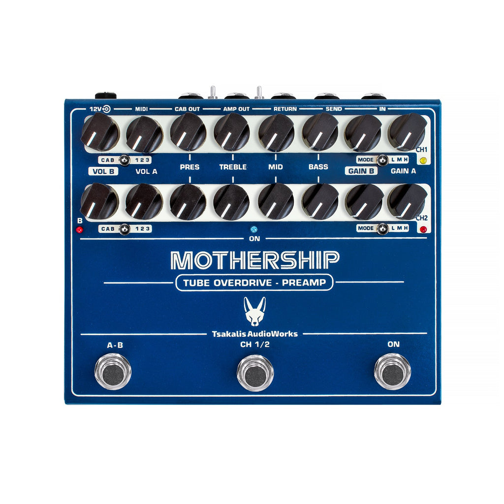 Blue overdrive pedal with multiple knobs, toggle switches, and footswitches labeled with controls for volume, gain, and tone.