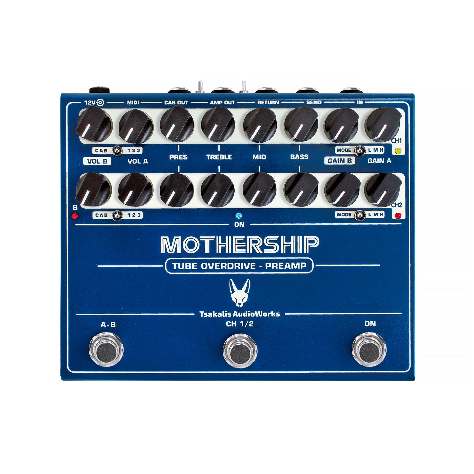Blue overdrive pedal with multiple knobs, toggle switches, and footswitches labeled with controls for volume, gain, and tone.