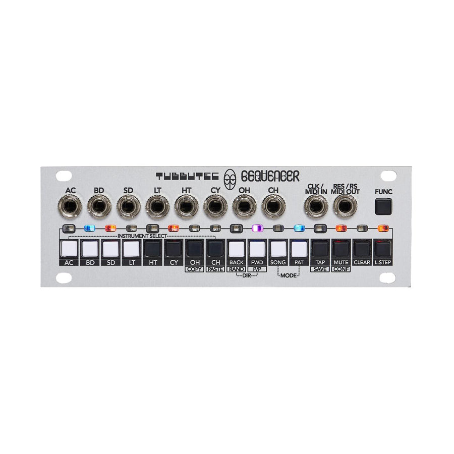 Front panel of a Tubbutec 6eQUENCER 1U module with multiple jacks, buttons, and LED indicators.