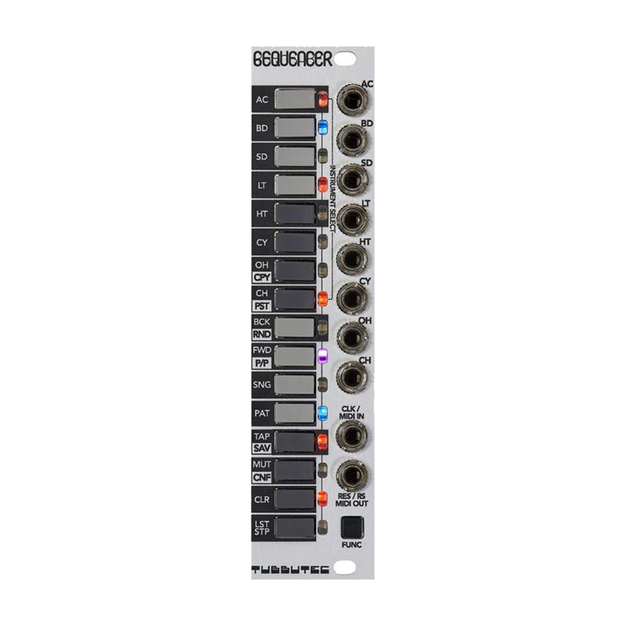 Front view of a Tubbutec module with multiple labeled buttons and audio input/output jacks.