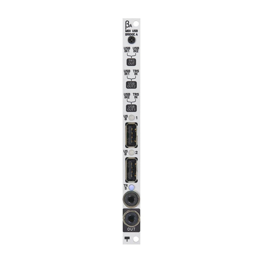 Silver electronic module panel with USB Type A and TRS jack connectors and printed labels.