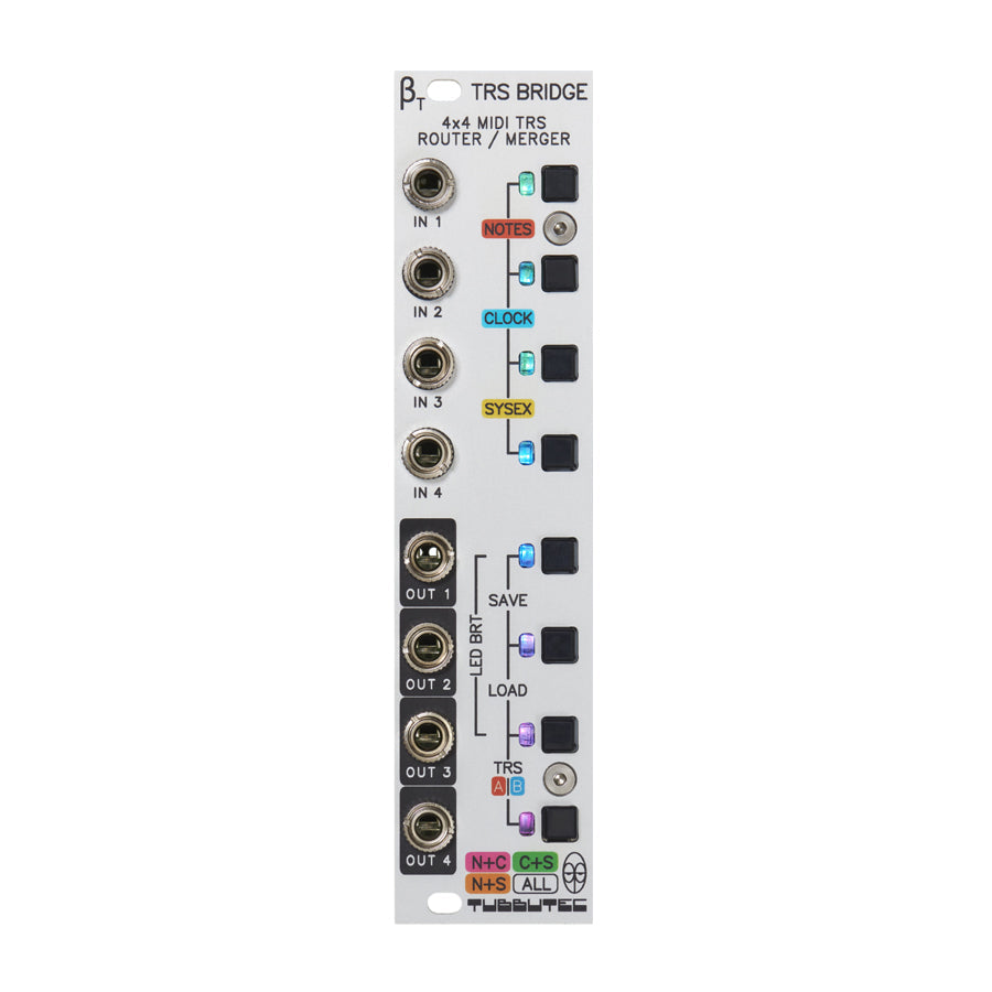 Front view of a Tubbutec TRS Bridge module with four input and four output quarter inch TRS jacks and multiple buttons and LED indicators.
