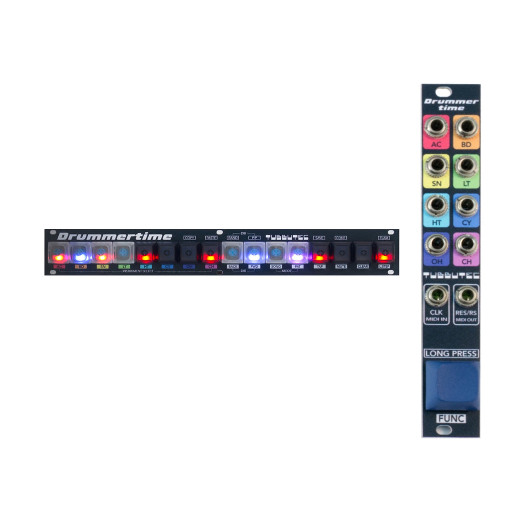 Two Eurorack modules with buttons, LED indicators, and color-coded jacks labeled with drum instrument abbreviations.