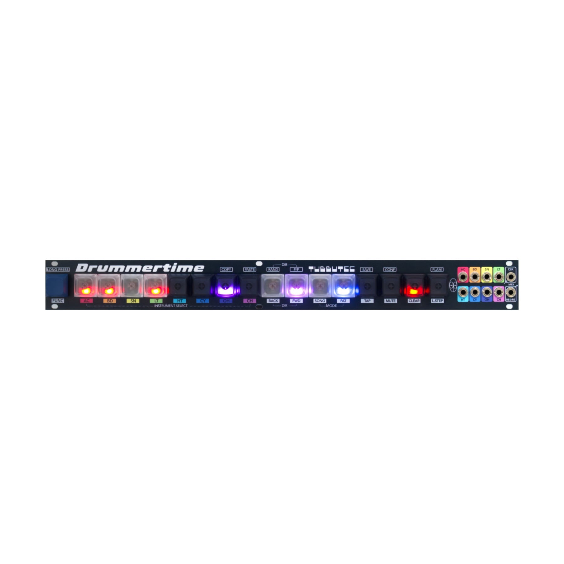Front panel of a Tubbutec Drummertime module with buttons, colored lights, and multiple input/output jacks.