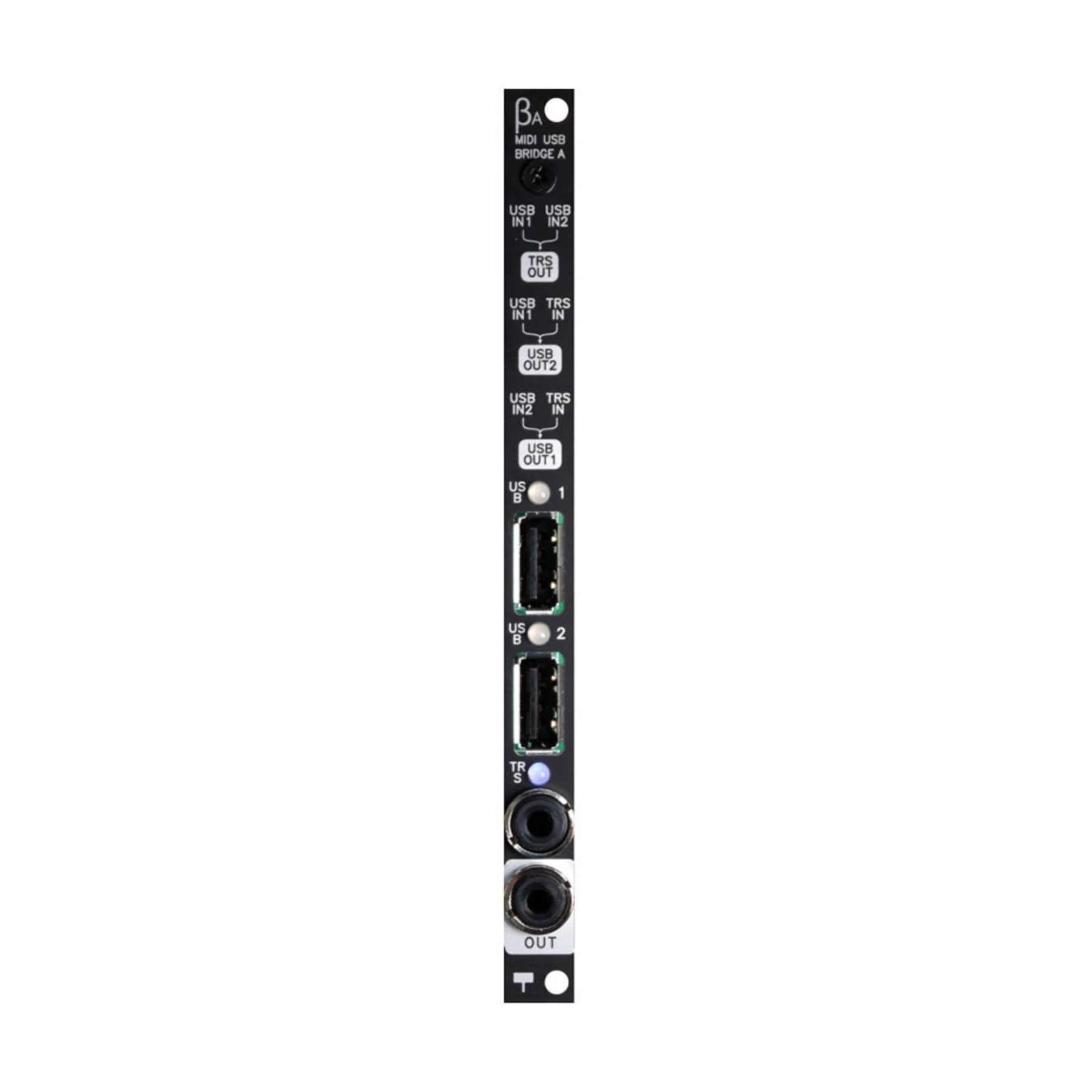 Black narrow MIDI USB Bridge module with two USB B ports, two TRS jacks, and a button on front panel.