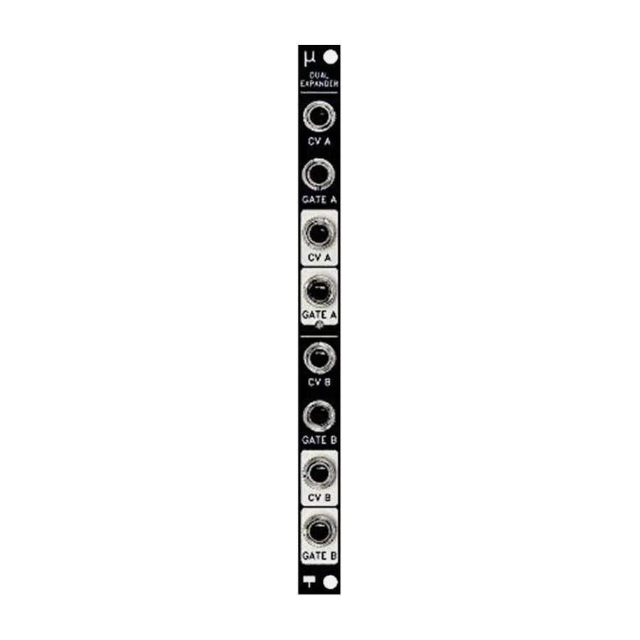 Narrow eurorack module with two rows of CV and gate jacks and two small knobs labeled A and B.