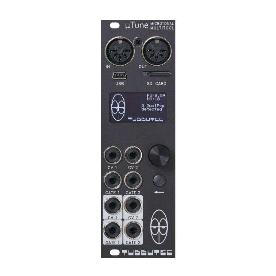 Black eurorack module with multiple input/output ports, knob, button, display, and Tubbutec branding.