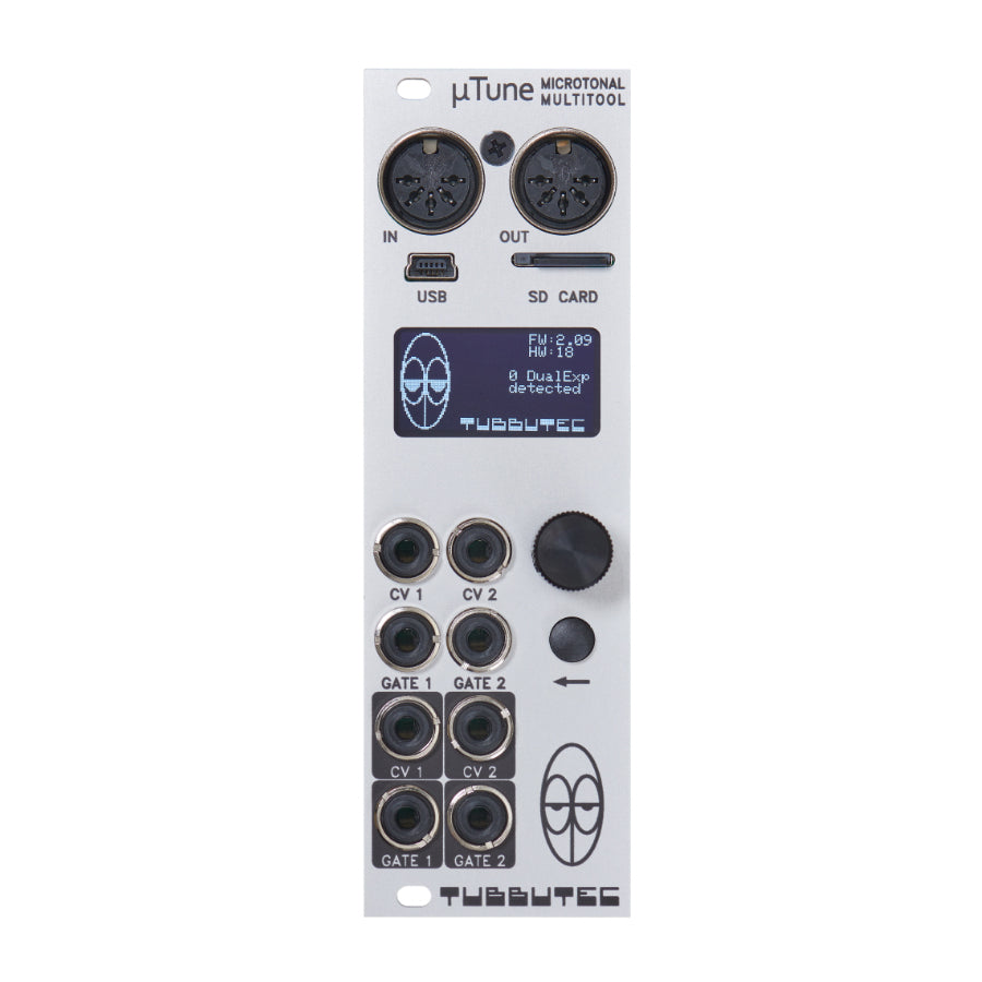 Silver eurorack module with MIDI in/out, USB, SD card slot, multiple CV and gate jacks, knob, and display screen.