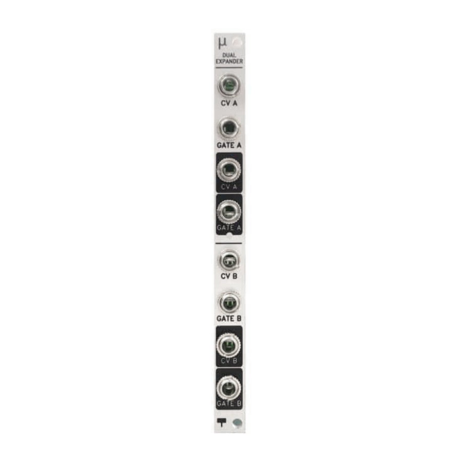 Silver eurorack module with labeled CV and Gate 3.5mm jacks and a small button.