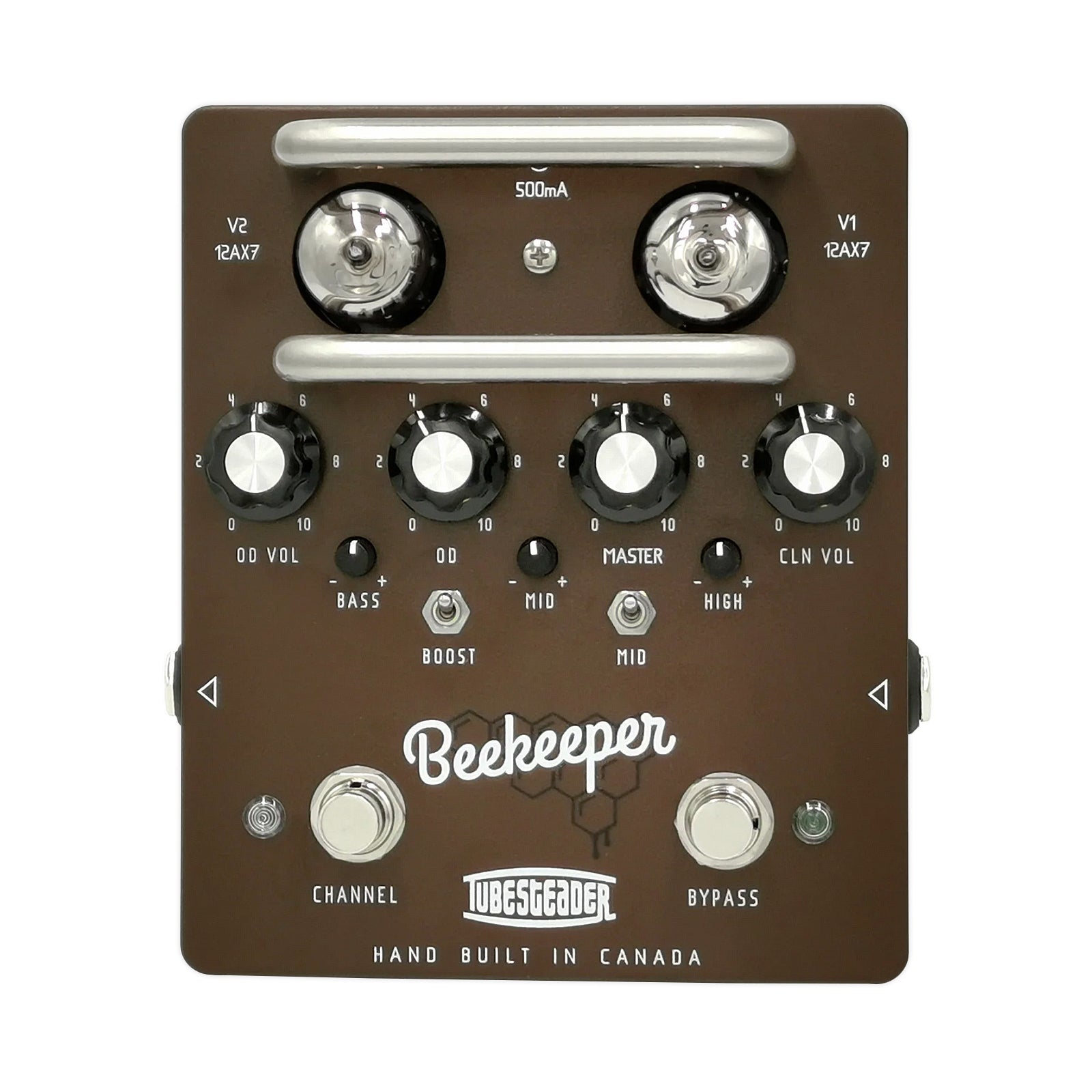 Brown guitar effects pedal with two tubes, multiple knobs, two toggles, and two footswitches labeled Beekeeper.