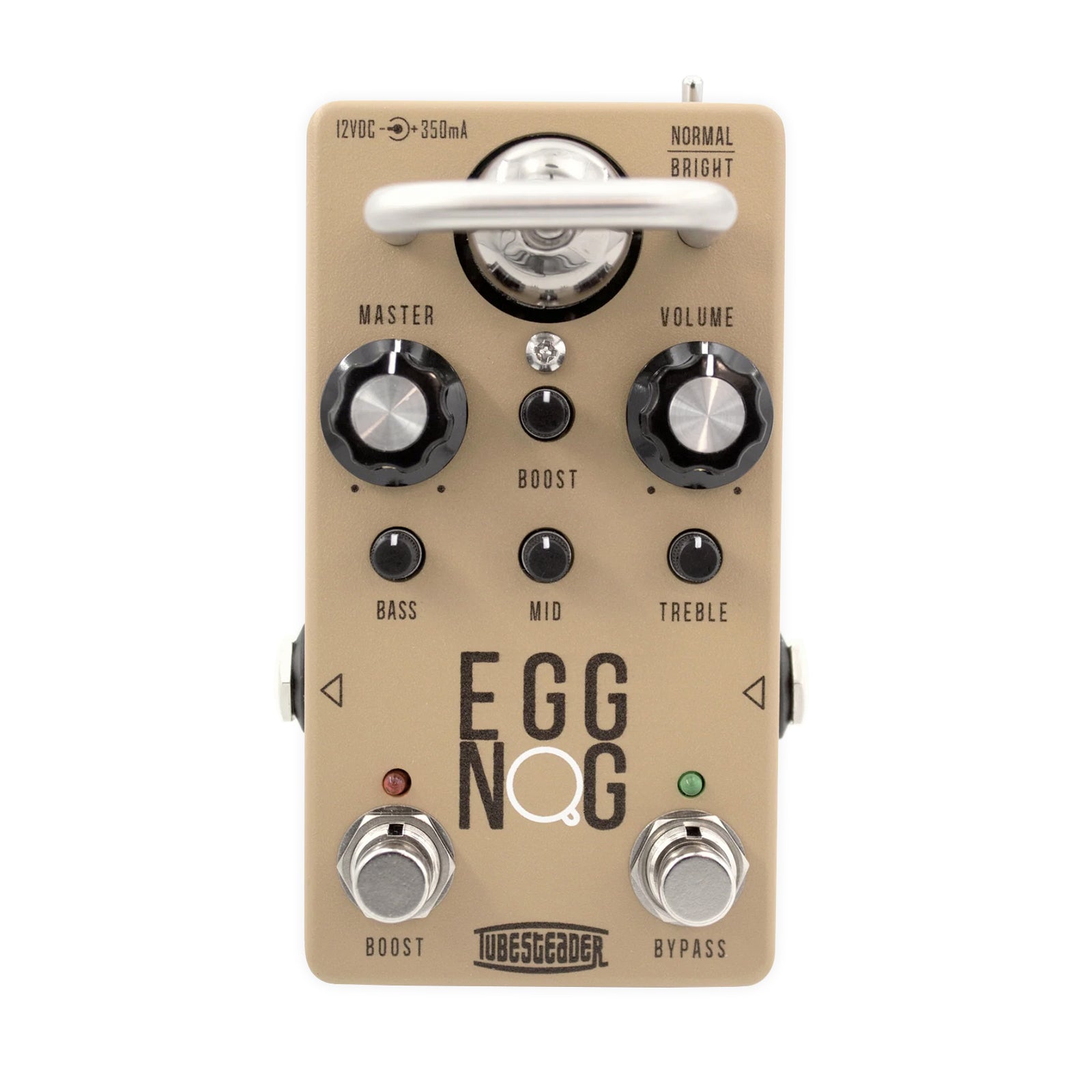Beige guitar effects pedal with knobs, footswitches, a tube, and labeled controls for boost, bypass, bass, mid, and treble.