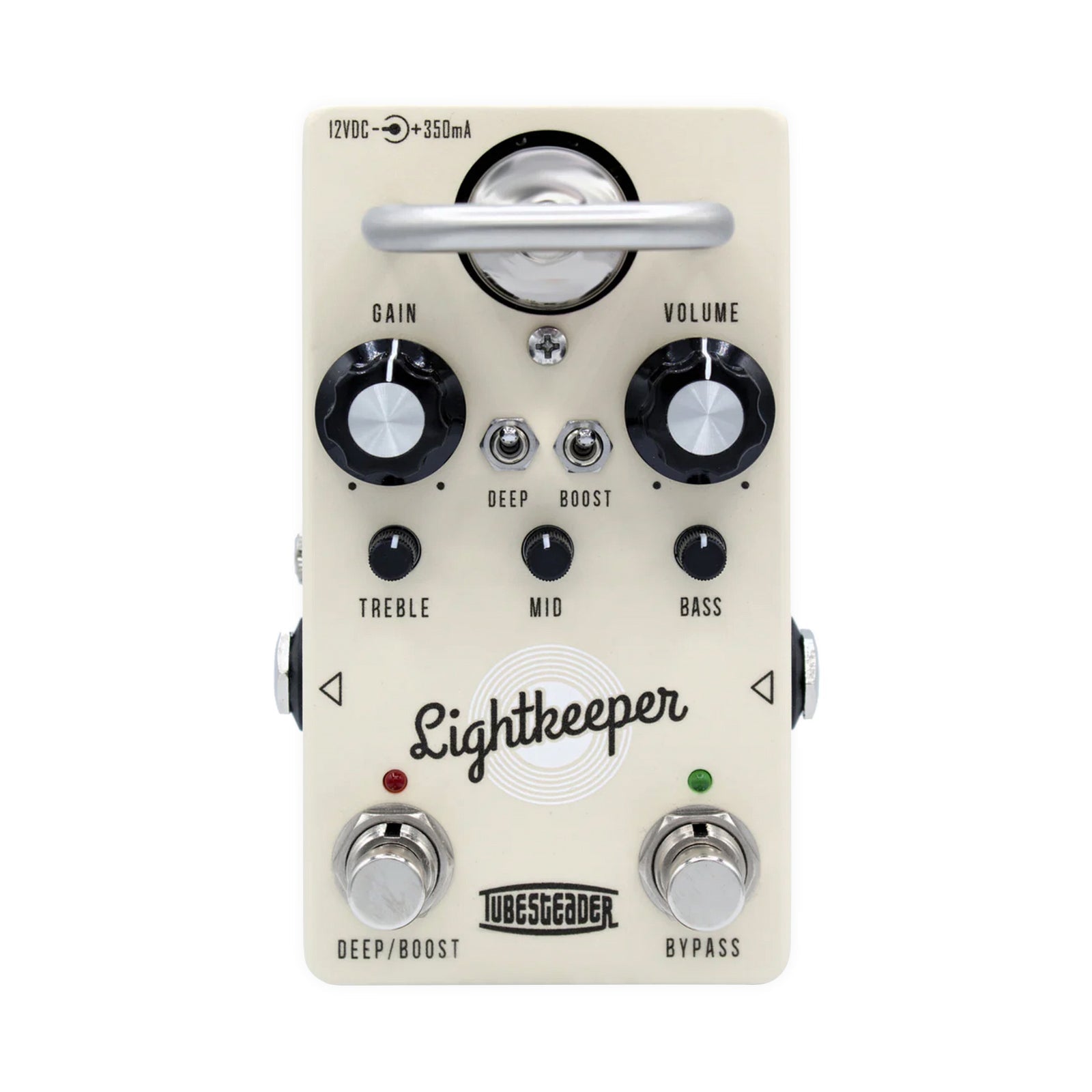 Cream-colored guitar pedal with knobs, toggle switches, footswitches, and Tubesteader Lightkeeper branding.