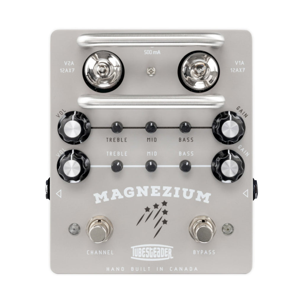 Gray guitar effects pedal with knobs, two tubes, two footswitches, and labeled controls including volume, gain, treble, mid, and bass.
