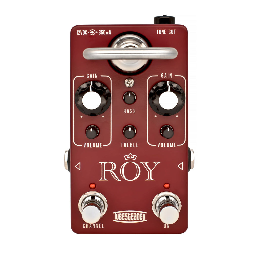 Red guitar effects pedal with knobs for gain, volume, bass, treble, two footswitches, and a metal handle.
