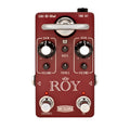 Red guitar effects pedal with knobs for gain, volume, bass, treble, two footswitches, and a metal handle.