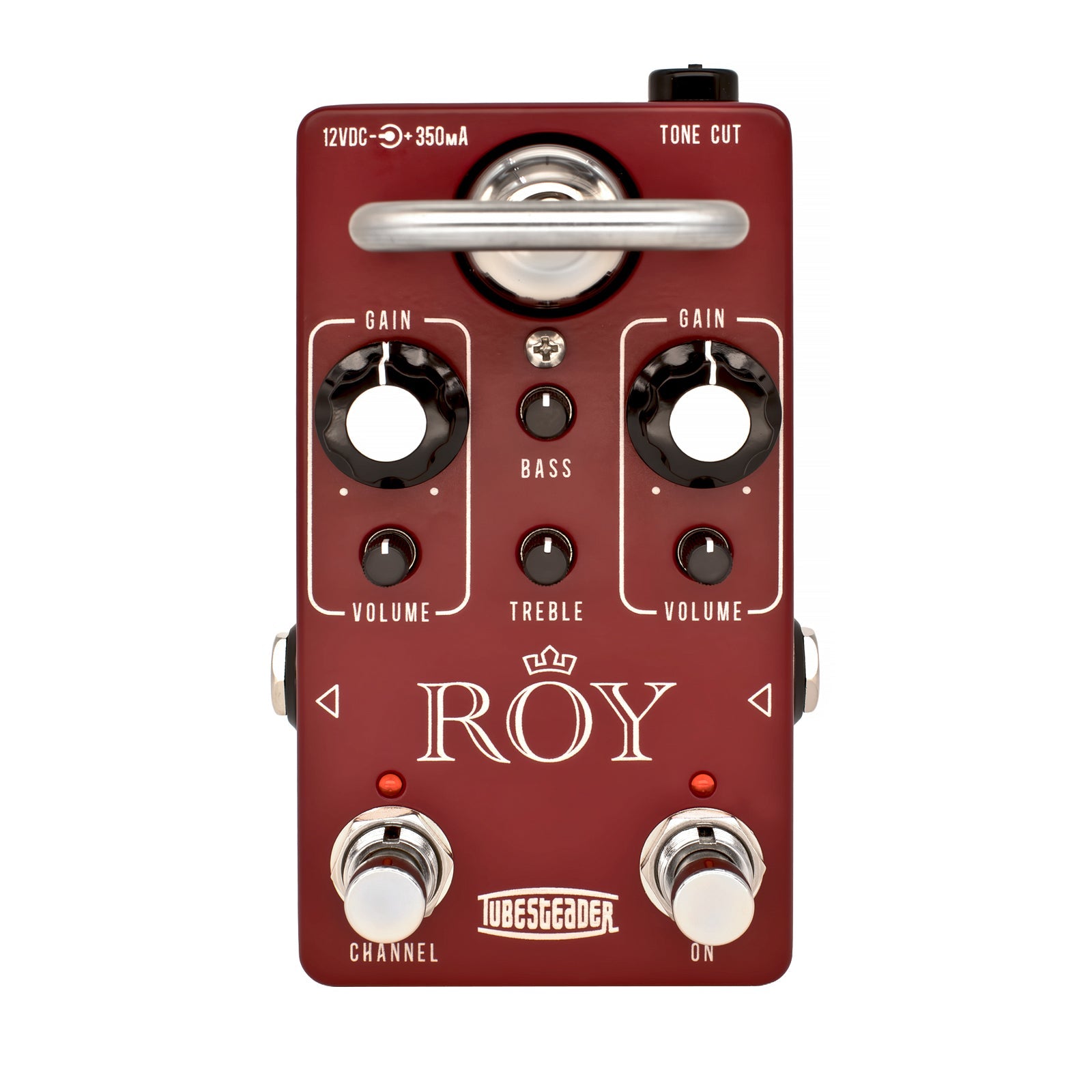 Red guitar effects pedal with knobs for gain, volume, bass, treble, two footswitches, and a metal handle.