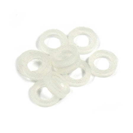 Several white plastic washers displayed on a white background.