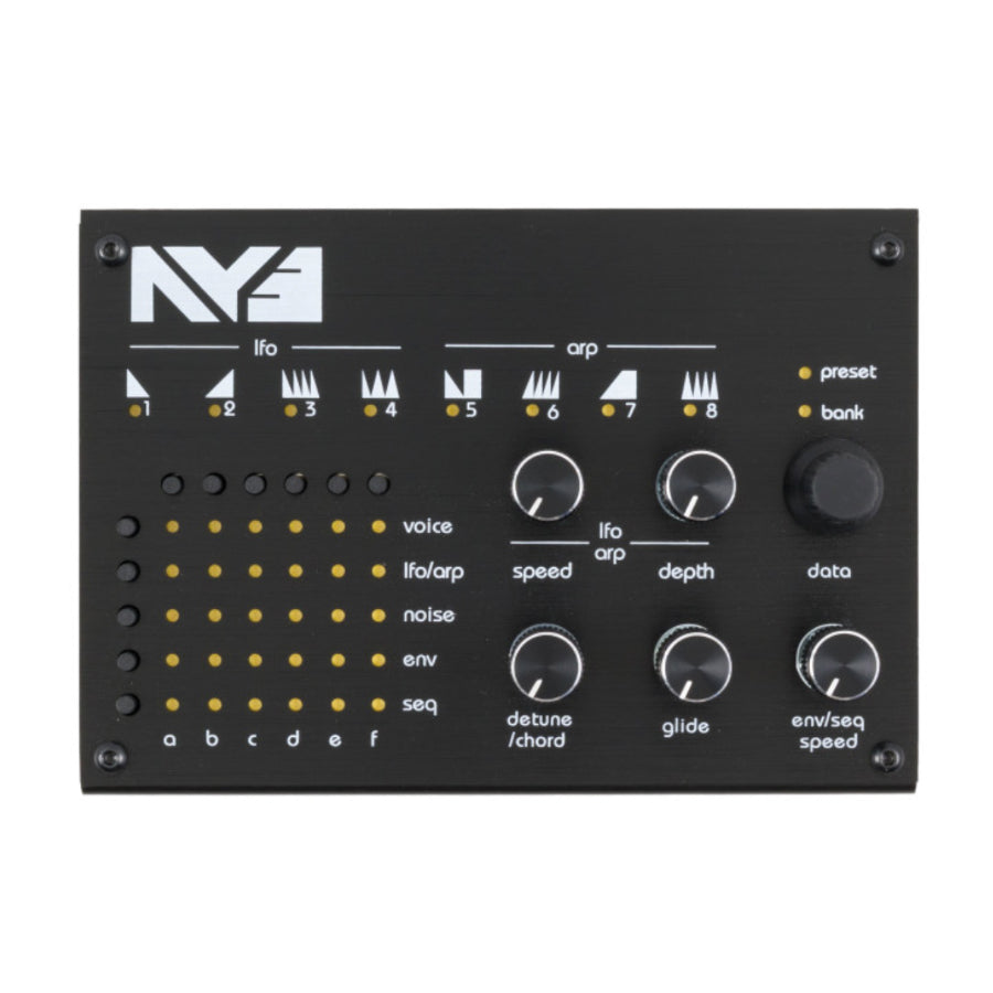 Top view of a black control panel with buttons, rotary knobs, and labeled LED indicators.