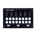 Top view of a black audio device with six knobs and multiple backlit square buttons labeled with drum and control functions.