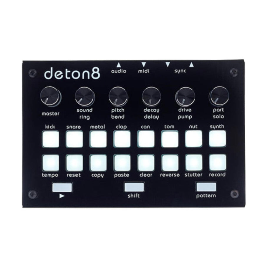 Top view of a black audio device with six knobs and multiple backlit square buttons labeled with drum and control functions.