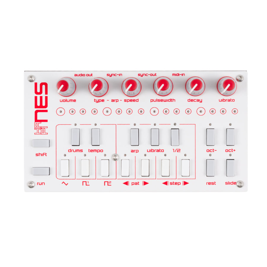 White synthesizer module with red knobs and grey push buttons labeled with various controls and connections.