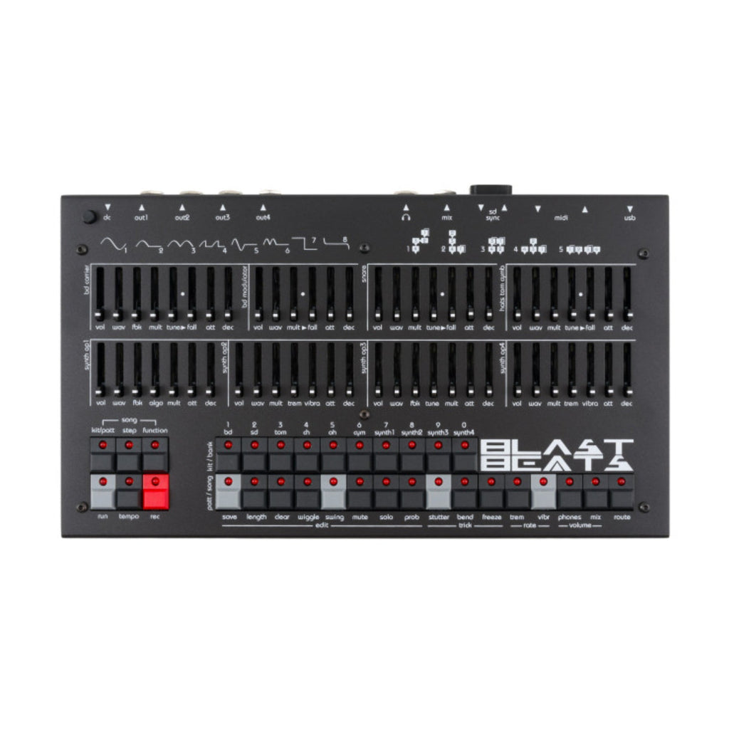 Top view of a black music synthesizer drum machine with sliders, buttons, and multiple input/output ports.