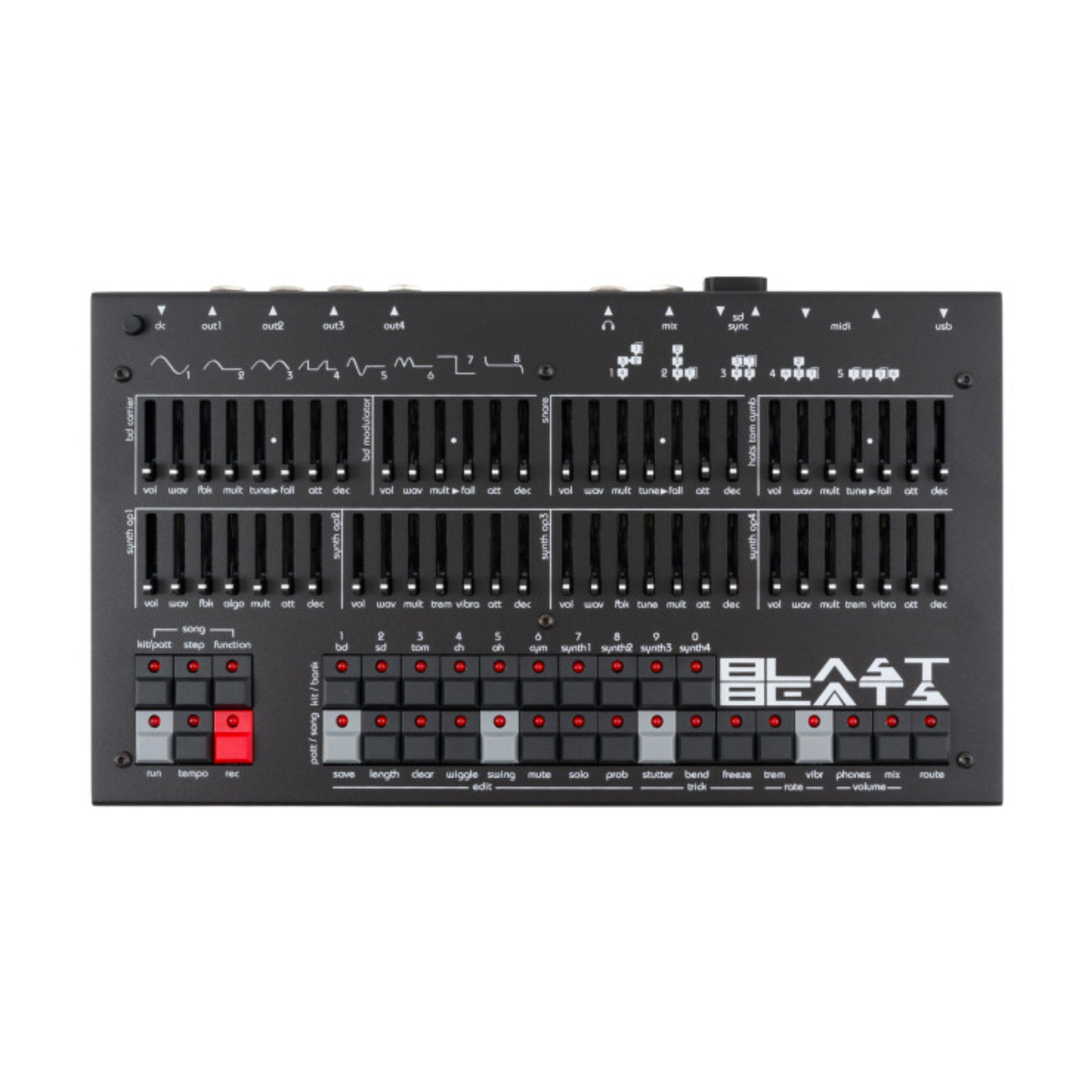 Top view of a black music synthesizer drum machine with sliders, buttons, and multiple input/output ports.