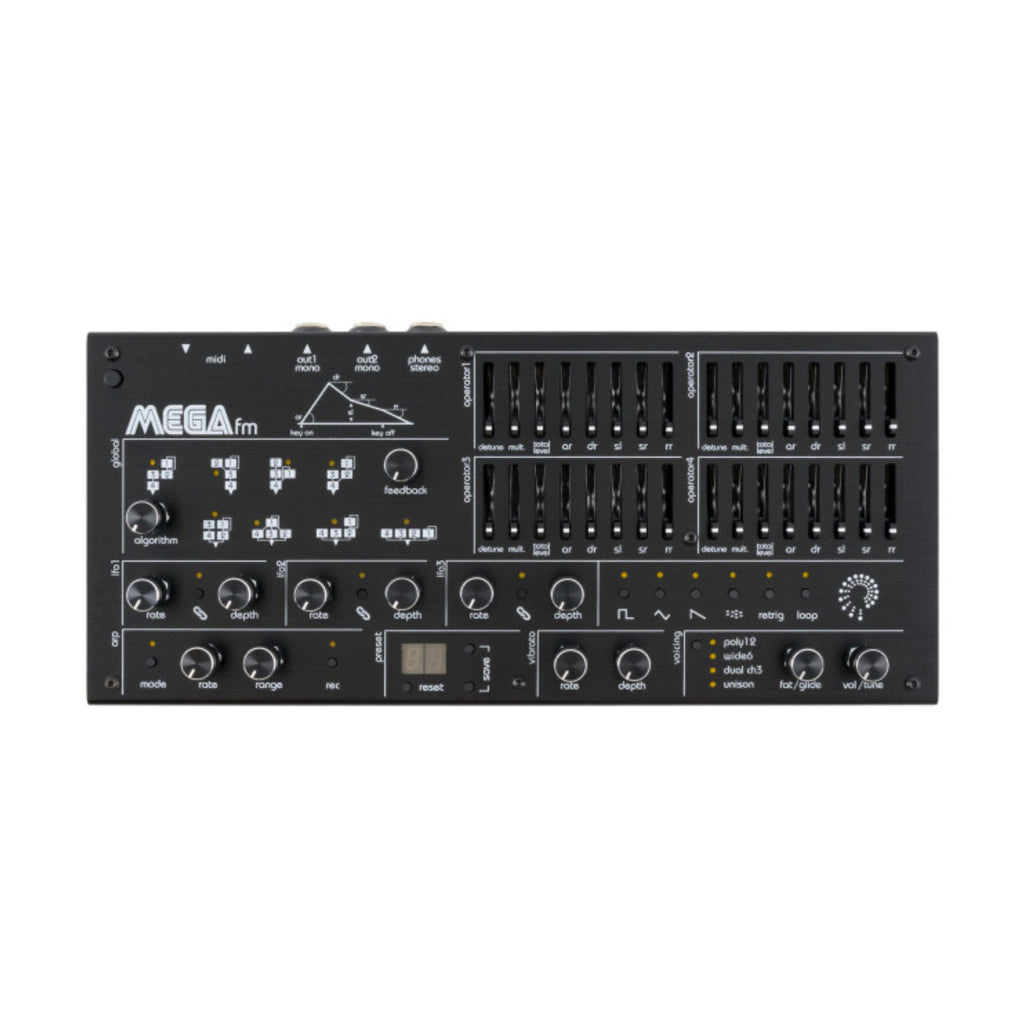 Top view of a black synthesizer module with multiple knobs, faders, buttons, and audio and midi ports.