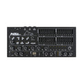 Top view of a black synthesizer module with multiple knobs, faders, buttons, and audio and midi ports.