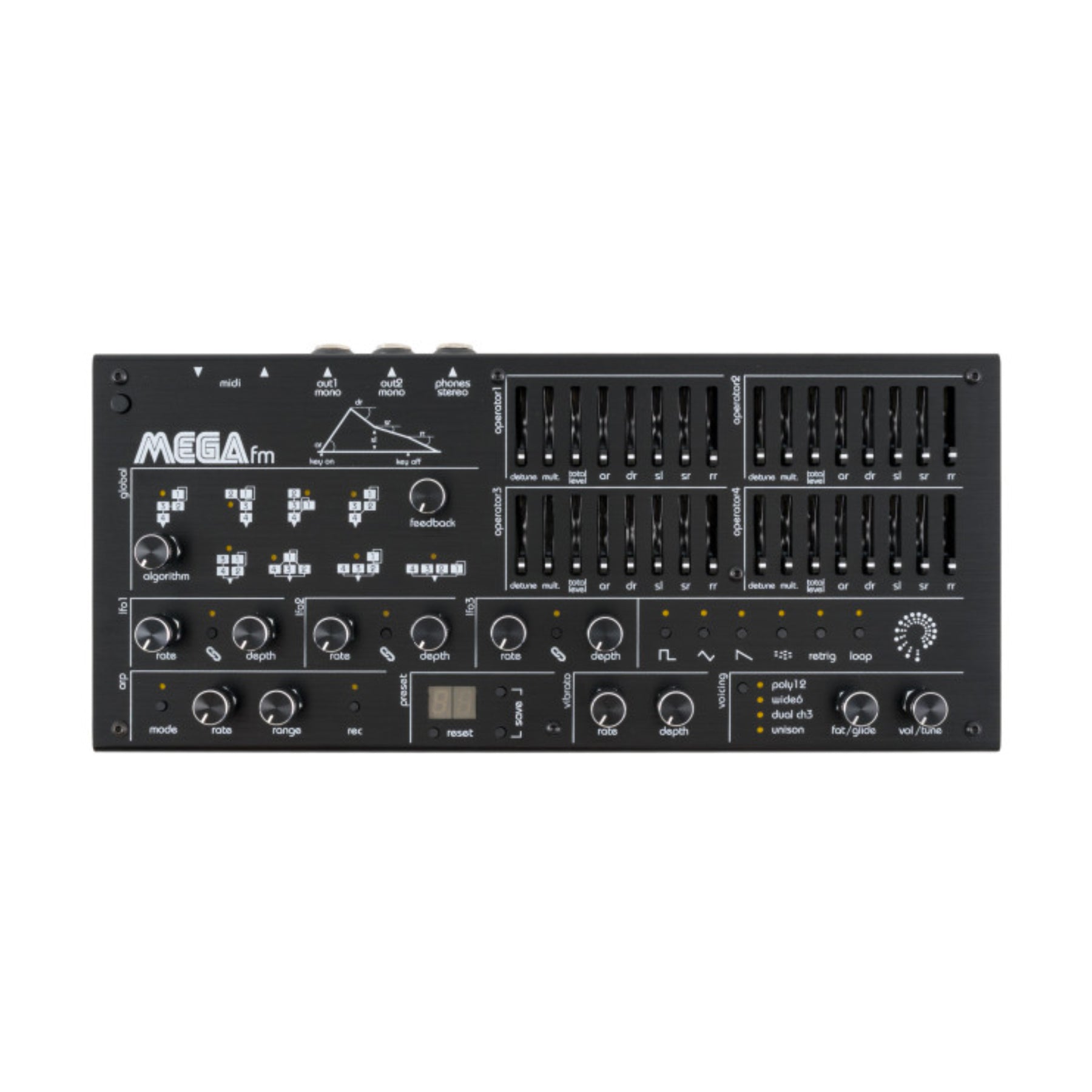 Top view of a black synthesizer module with multiple knobs, faders, buttons, and audio and midi ports.