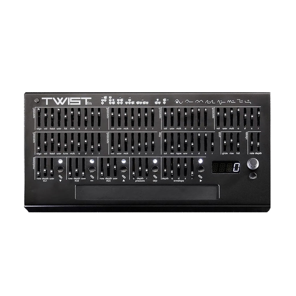 Black synthesizer control panel with multiple sliders, rotary knob, buttons, and a digital display.