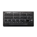Black synthesizer control panel with multiple sliders, rotary knob, buttons, and a digital display.