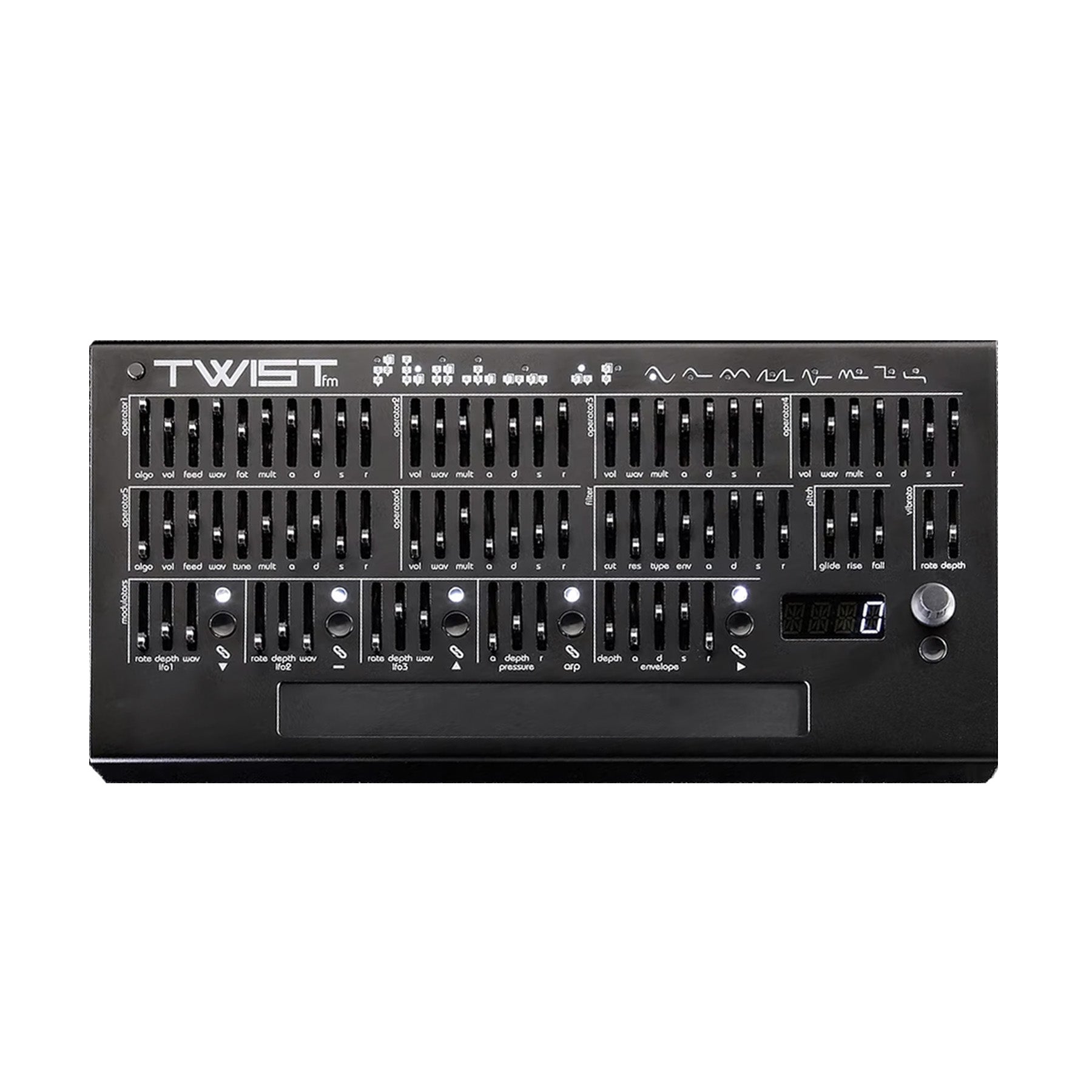 Black synthesizer control panel with multiple sliders, rotary knob, buttons, and a digital display.