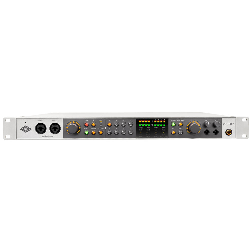Front view of a silver rackmount audio interface with combo input jacks, control knobs, buttons, LED meters, and headphone outputs.