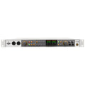 Front view of a silver rackmount audio interface with combo input jacks, control knobs, buttons, LED meters, and headphone outputs.