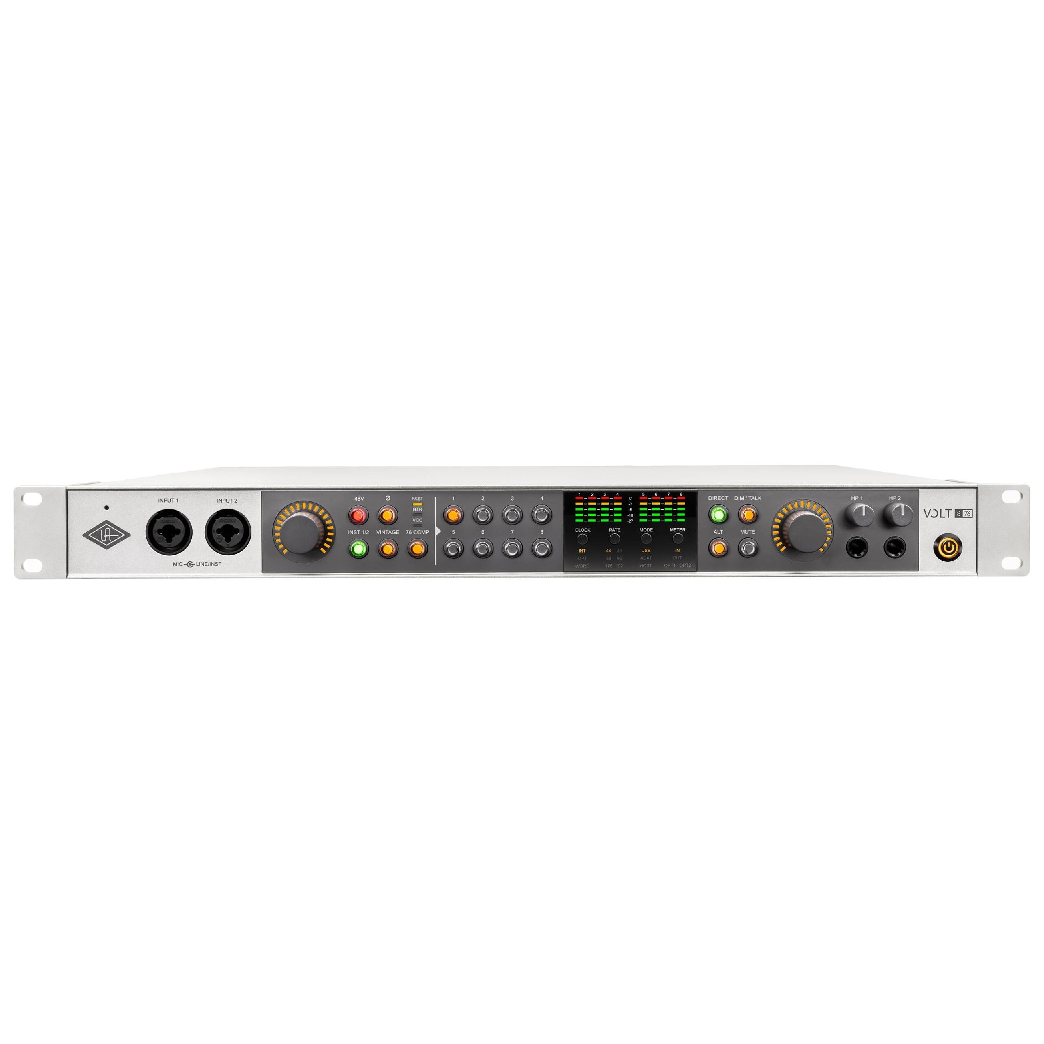 Front view of a silver rackmount audio interface with combo input jacks, control knobs, buttons, LED meters, and headphone outputs.