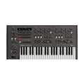 Black synthesizer keyboard with multiple control knobs, faders, buttons, a display screen, and white and black keys.