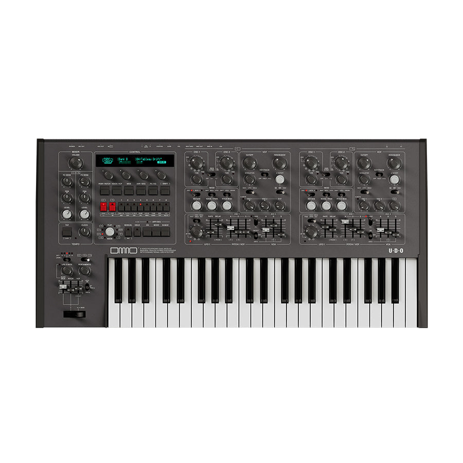Black synthesizer keyboard with multiple control knobs, faders, buttons, a display screen, and white and black keys.