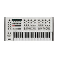 White keyboard synthesizer with multiple knobs, faders, buttons, and a small blue screen.