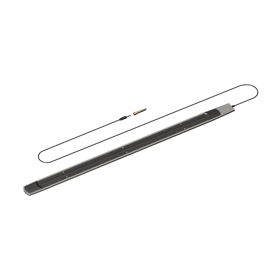 Long gray electronic device with a row of small white markers and an audio cable with 1/4 inch and 3.5 mm connectors.