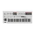 White keyboard synthesizer with various knobs, sliders, buttons, and a joystick on the control panel above the keys.