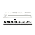 A white and black 49-key keyboard module with a flat ribbon connector, shown in front of a transparent Super 6 synthesizer body.